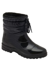 Zwarte rubberen regenlaars met een quilted nylon bovenstuk, aanpasbare trekkoord aan de bovenkant, gestructureerde zool en een gladde glanzende afwerking.