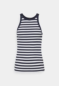 Marinblå och vit randig linne med en åtsittande design. Ribbad textur, rund halsringning och smala axelband.