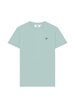 T-shirt vert clair à col rond avec manches courtes et petit logo noir représentant une rame croisée et une pagaie sur le côté gauche de la poitrine.