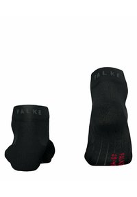 Calcetines negros hasta el tobillo hechos de un tejido texturizado. Las características incluyen un talón reforzado, puño acanalado y marca en gris y rojo.