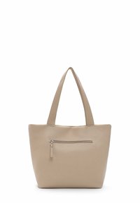 Borsa tote sintetica beige con due manici robusti, texture liscia e una tasca anteriore con zip per una maggiore funzionalità.