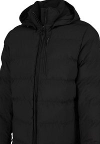 Black padded jacket with a zippered front, high collar, and attached hood. Features horizontal stitching and a chest pocket for added detail.