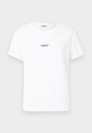 T-shirt bianco in cotone con scollatura rotonda e maniche corte. Presenta un piccolo logo nero sul fronte con la scritta "DONdup MADE IN ITALY."