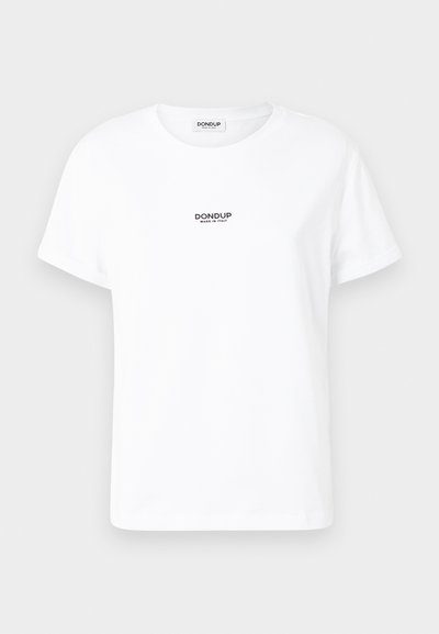 Biała bawełniana koszulka z okrągłym dekoltem i krótkimi rękawami. Z przodu znajduje się mały czarny napis logo "DONdup MADE IN ITALY."