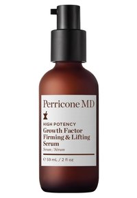 Bottiglia di vetro marrone con un tappo a pompa nero. L'etichetta presenta testo bianco per "Perricone MD" e dettagli sul prodotto. Capacità di 59 mL.