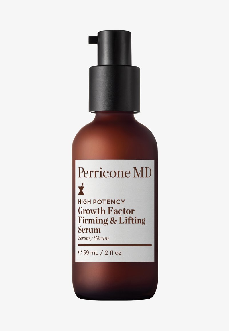 Braune Glasflasche mit schwarzem Pumpschluss. Das Etikett enthält weiße Schriftzüge für "Perricone MD" und Produktdetails. Füllmenge 59 ml.