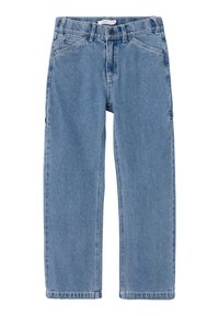 Ljusblå denimbyxor med rak benpassform, med knapp- och blixtlåsstängning, fem fickor och utan synliga mönster eller detaljer.