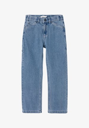 Jean en denim bleu clair avec coupe droite, dotés d'un bouton et d'une fermeture éclair, cinq poches et sans motifs ni accents visibles.