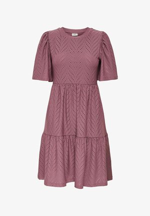 Mauve short-sleeve midi dress with eyelet chevron pattern, gathered waist, and tiered skirt.