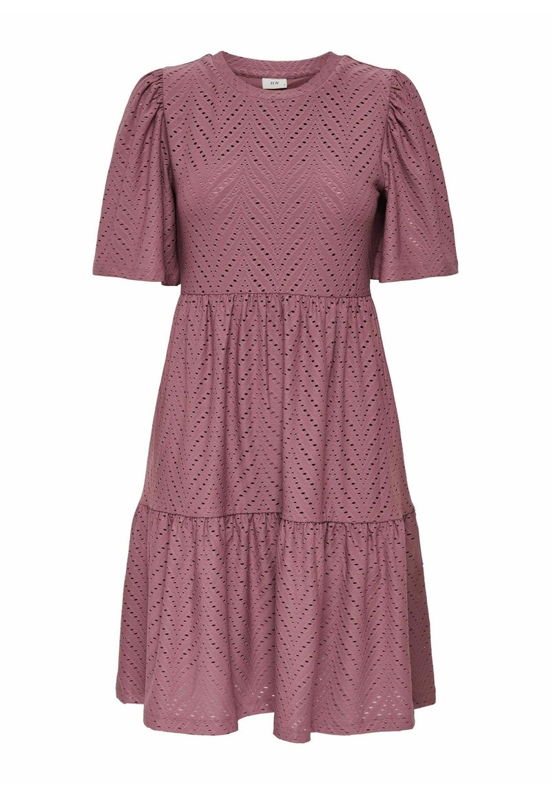 Mauve short-sleeve midi dress with eyelet chevron pattern, gathered waist, and tiered skirt.