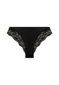 Pangul cu dantelă neagră și material, având panouri de dantelă intricate pe părțile laterale, secțiune centrală netedă și un croi de tip low-rise.