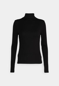 Schwarzes Langarm-Turtleneck-Oberteil aus weichem Material, mit einem figurbetonten Design und glatter Textur, geeignet zum Schichten oder als eigenständiges Kleidungsstück.