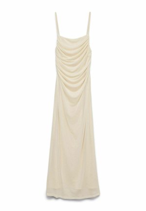 Rochie lungă fără mâneci, de culoare crem, cu bretele subțiri și detalii de țesătură adunată și drapată pe bust.