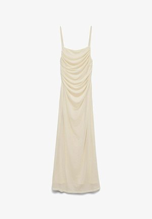 Rochie lungă fără mâneci, de culoare crem, cu bretele subțiri și detalii de țesătură adunată și drapată pe bust.