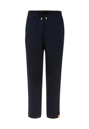 Pantaloni della tuta blu scuro con cintura elastica, cordino regolabile e accento arancione sulla parte inferiore della gamba. Tessuto liscio e casual.