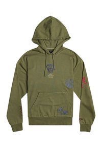 Oliwkowa bluza z kapturem z przednią kieszenią, z wyszywanymi grafikami w kolorze niebieskim i czerwonym oraz ściągaczami na rękawach, zapewniającymi dopasowanie.