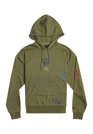 Olijfgroene hoodie met een voorzak, voorzien van geborduurde graphics in blauw en rood, en ribbelboorden voor een snug fit.