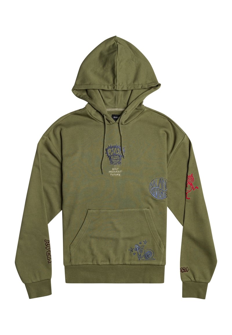 Oliwkowa bluza z kapturem z przednią kieszenią, z wyszywanymi grafikami w kolorze niebieskim i czerwonym oraz ściągaczami na rękawach, zapewniającymi dopasowanie.
