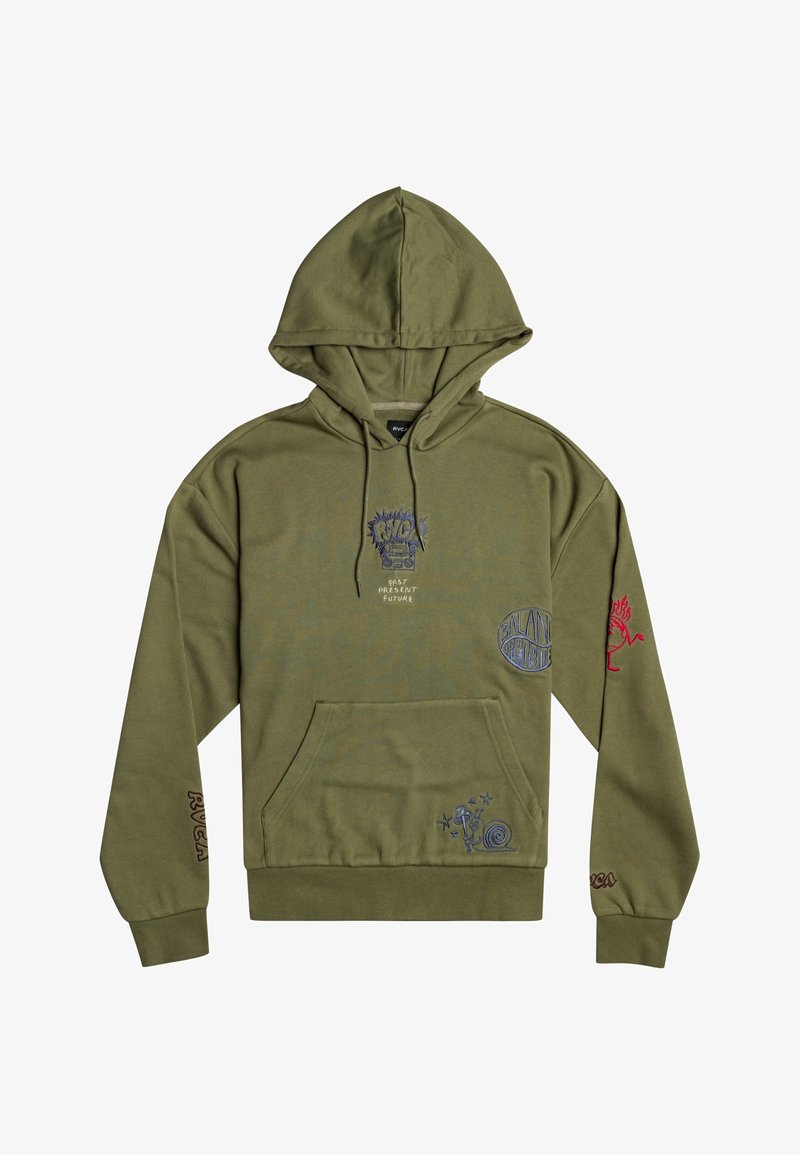 Oliwkowa bluza z kapturem z przednią kieszenią, z wyszywanymi grafikami w kolorze niebieskim i czerwonym oraz ściągaczami na rękawach, zapewniającymi dopasowanie.