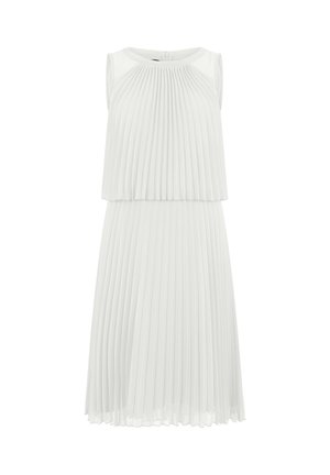 Mouwloze witte geplooide midi-jurk met gelaagde top en ronde halslijn, voorzien van een ritssluiting aan de achterkant.