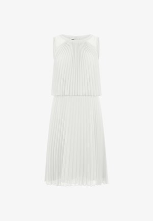 Mouwloze witte geplooide midi-jurk met gelaagde top en ronde halslijn, voorzien van een ritssluiting aan de achterkant.