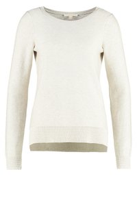 Cremefarbener Strickpullover mit langen Ärmeln, Rundhalsausschnitt und strukturiertem Rippmuster an den Bündchen und am Saum.