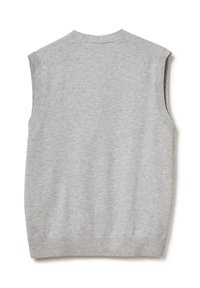 Grauer ärmelloser Strickpullover mit Rundhalsausschnitt. Glatte Textur und figurnahes Design. Gerippter Saum und Armausschnitte. Keine Verzierungen.