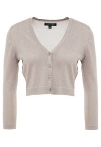 Ljusgrå kortärmad cardigan gjord av ett mjukt, glittrande material. Har V-ringning, långa ärmar och fem knäppningar framtill.