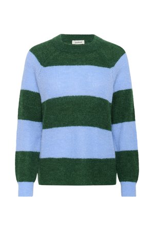 Zeleni i svijetloplavi prugasti džemper; izrađen od mekog pletenog materijala s okruglim izrezom i dugim rukavima; ima opušteni kroj.