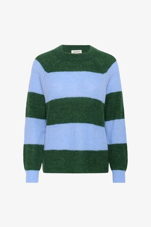 Suéter a rayas verde y azul claro; hecho de un material de punto suave con cuello redondo y mangas largas; presenta un corte holgado.