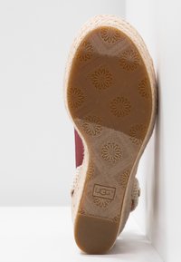 Vue de la semelle d'une espadrille tissée beige avec une semelle extérieure en caoutchouc présentant des motifs floraux et le logo UGG près du talon.