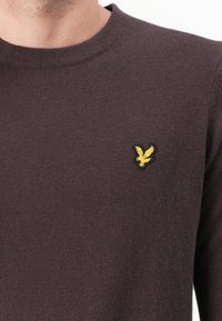 Pull en maille marron foncé avec un col rond. Doté d'un logo d'aigle brodé jaune sur la poitrine gauche. Texture douce et design ajusté.