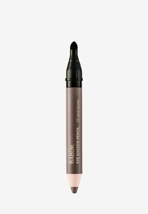 Babor eye shadow pencil in dark brown, featuring a dual-ended design with a pencil tip and a blending sponge; matte finish and sturdy casing.
