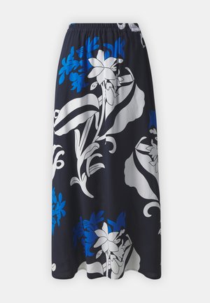 Blomstreprint maxi-skjørt i marineblått, med hvite og blå botaniske mønstre, elastisk liv, og flytende stoff for en lett følelse.