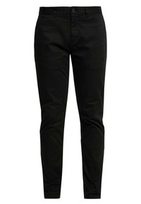 Chinos neri in cotone con vestibilità slim, dotati di chiusura frontale con bottone, due tasche laterali e una texture liscia senza motivi o decorazioni.