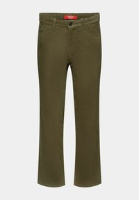 Pantalon en coton vert olive à coupe droite, cinq poches, passants pour ceinture et fermeture avant par bouton. Tissu texturé avec légère élasticité.