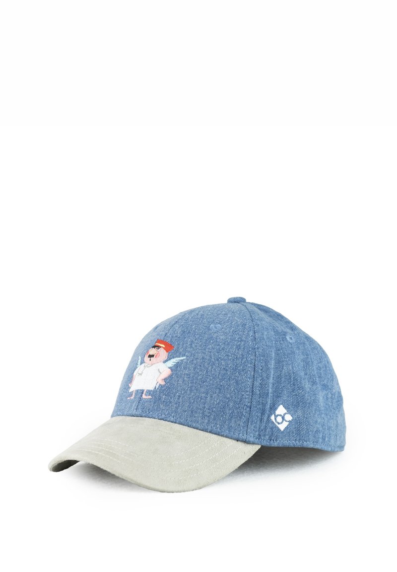 Denim blue baseball cap with a light gray suede brim, featuring an embroidered cartoon character on the front and a logo on the side.