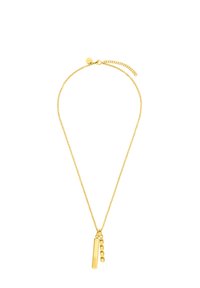Gouden ketting met een delicate ketting en een staafhanger waaraan een kleine kraal is bevestigd, gladde textuur, modern design.