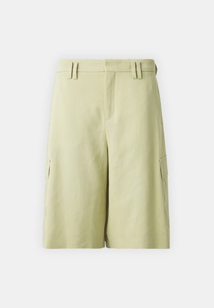 Light green cargo shorts with a high waist, side pockets, and a smooth texture, showcasing a simple, functional design.