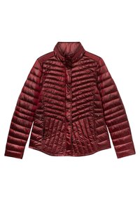 Veste isolante bordeaux à motif matelassé, col montant, fermeture zippée intégrale et poches latérales. Tissu lisse avec une finition brillante.
