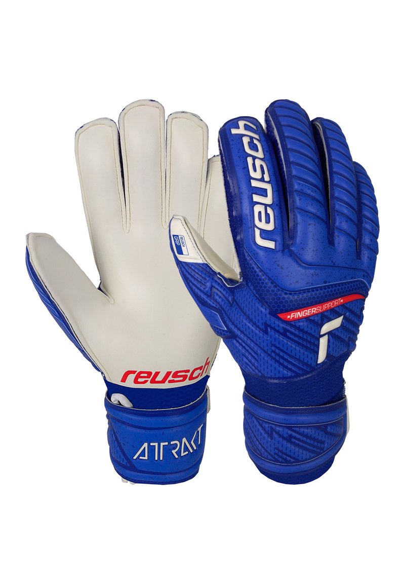 Gants de gardien de but en bleu et blanc, dotés d'une prise texturée, d'un dos rembourré et d'une sangle de poignet sécurisée avec des accents rouges et un marquage.