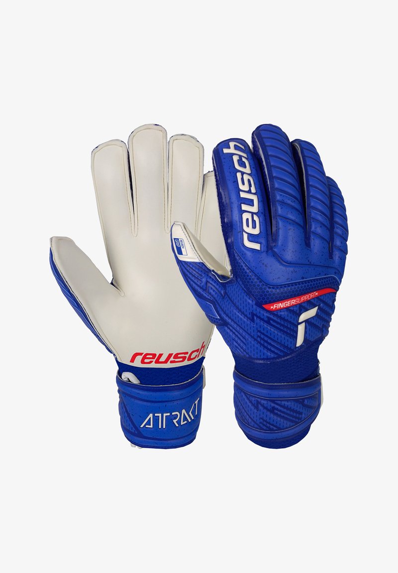 Guantes de portero en azul y blanco, con un agarre texturizado, dorso acolchado y correa de muñeca segura con acentos rojos y marca.