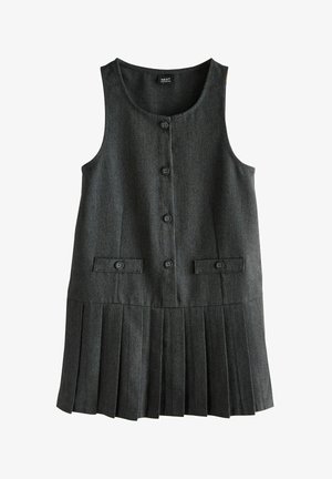 Vestido sin mangas de color gris oscuro con botones en la parte delantera, dos bolsillos con solapa y falda plisada en la parte inferior.