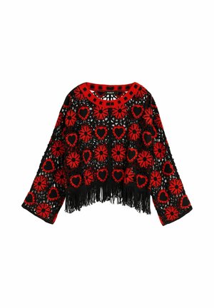 Pulover negru croșetat cu inimă roșie și modele florale circulare, decolteu rotund, mâneci largi și tiv cu franjuri.