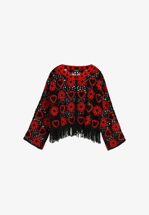 Pulover negru croșetat cu inimă roșie și modele florale circulare, decolteu rotund, mâneci largi și tiv cu franjuri.