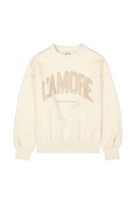 Sudadera de color crema con hombros caídos, puños y cinturilla elásticos. Presenta "L'AMORE" en letras beige en la parte frontal.
