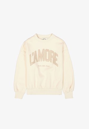Cremfarbener Pullover mit überschnittenen Schultern, elastischen Bündchen und einem elastischen Saum. Auf der Vorderseite befindet sich der Schriftzug "L'AMORE" in beiger Schrift.