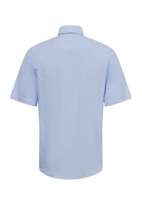 Kurzarmhemd aus hellblauem Stoff mit strukturierter Oberfläche. Verfügt über einen klassischen Kragen und einen geraden Saum ohne sichtbare Details.