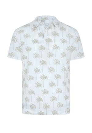 Polo bianca a maniche corte con motivo di palme beige e colletto con due bottoni.