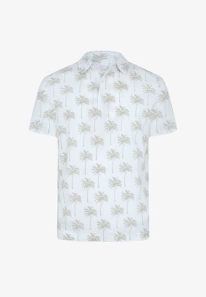 Biała koszulka polo z krótkim rękawem, wzorem beżowych palm i kołnierzykiem zapinanym na dwa guziki.
